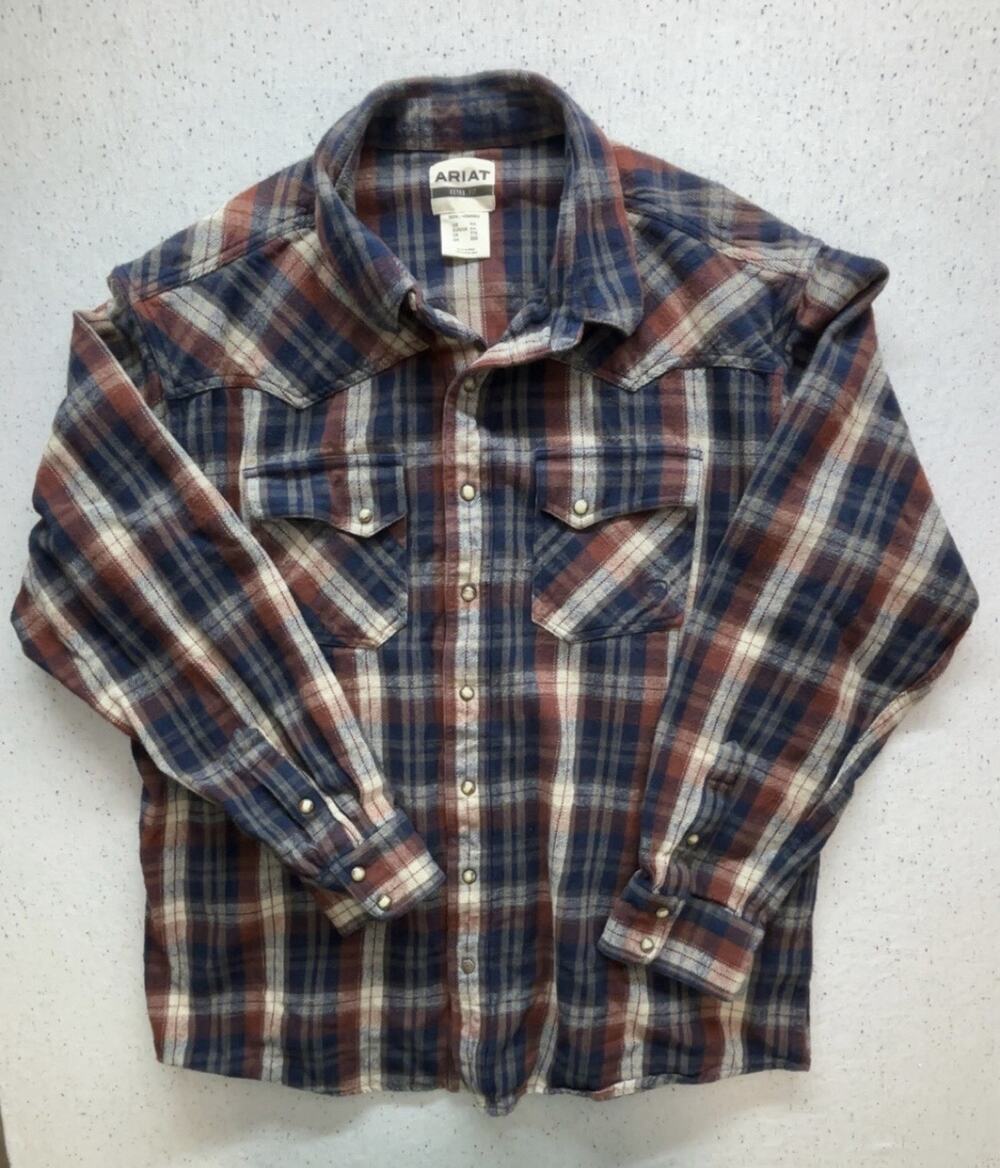 Ariat Hendrik Retro Fit Mens XXL Plaid Western Flannel Pearl Snap Shirt 10041773